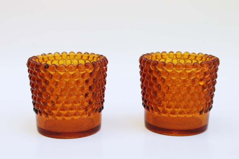 photo of pair vintage amber glass hobnail pattern candle holder cups for votive tea light candles  #1