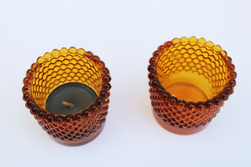 photo of pair vintage amber glass hobnail pattern candle holder cups for votive tea light candles #2