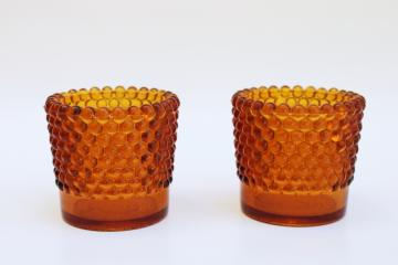 catalog photo of pair vintage amber glass hobnail pattern candle holder cups for votive tea light candles 