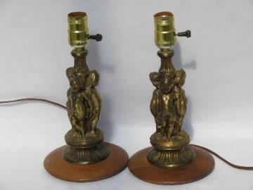 catalog photo of pair vintage boudoir lamps w/ faux french bronzes, art deco polished wood bases