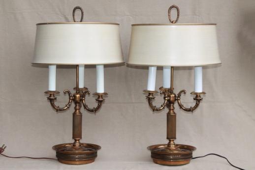 photo of pair vintage brass bouillotte lamps, ornate candelabras w/ tole shades #1