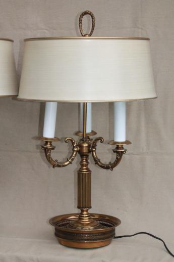 photo of pair vintage brass bouillotte lamps, ornate candelabras w/ tole shades #7