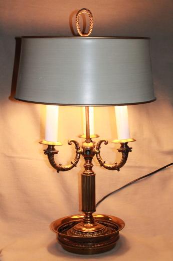 photo of pair vintage brass bouillotte lamps, ornate candelabras w/ tole shades #8