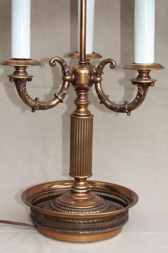 photo of pair vintage brass bouillotte lamps, ornate candelabras w/ tole shades #9