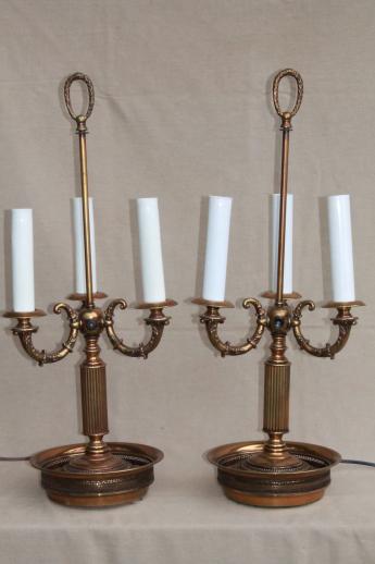 photo of pair vintage brass bouillotte lamps, ornate candelabras w/ tole shades #13