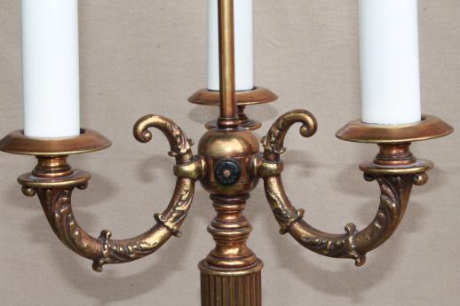 photo of pair vintage brass bouillotte lamps, ornate candelabras w/ tole shades #14