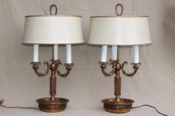 catalog photo of pair vintage brass bouillotte lamps, ornate candelabras w/ tole shades