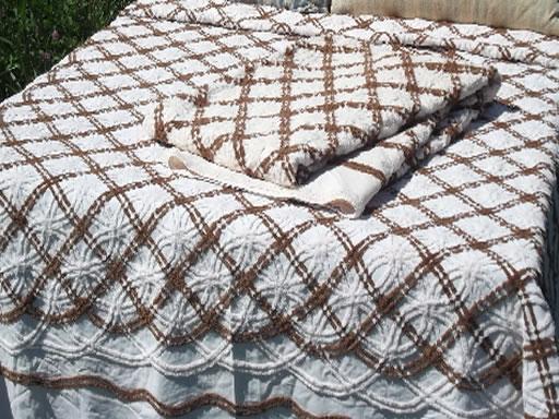 photo of pair vintage brown abd white cotton chenille bedspreads, Morgan-Jones? #1