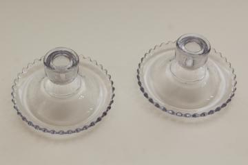 catalog photo of pair vintage candle holders, rolled edge Candlewick glass low candlesticks