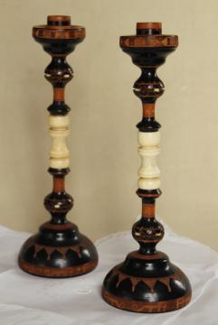 catalog photo of pair vintage carved turned wood and bone candlesticks, Indonesia or India