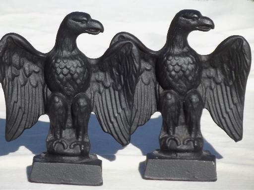 photo of pair vintage cast iron eagles, set of heavy black iron bookends w/ eagle #1