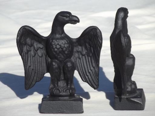 photo of pair vintage cast iron eagles, set of heavy black iron bookends w/ eagle #2