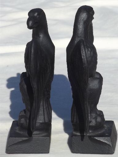 photo of pair vintage cast iron eagles, set of heavy black iron bookends w/ eagle #4