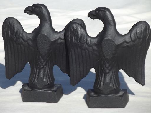 photo of pair vintage cast iron eagles, set of heavy black iron bookends w/ eagle #5