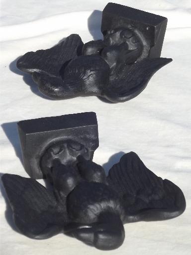 photo of pair vintage cast iron eagles, set of heavy black iron bookends w/ eagle #7