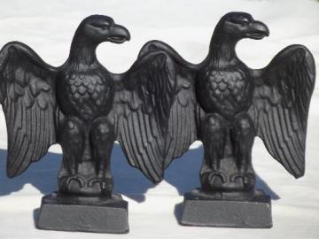 catalog photo of pair vintage cast iron eagles, set of heavy black iron bookends w/ eagle