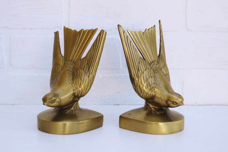 photo of pair vintage cast metal birds, heavy bookends w/ antique gold bronze finish french country style #1
