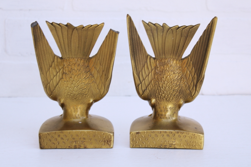 photo of pair vintage cast metal birds, heavy bookends w/ antique gold bronze finish french country style #3