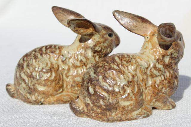 photo of pair vintage ceramic rabbit figurines, brown bunnies marked Japan, OMC Otagiri #6