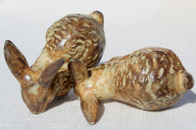 photo of pair vintage ceramic rabbit figurines, brown bunnies marked Japan, OMC Otagiri #8