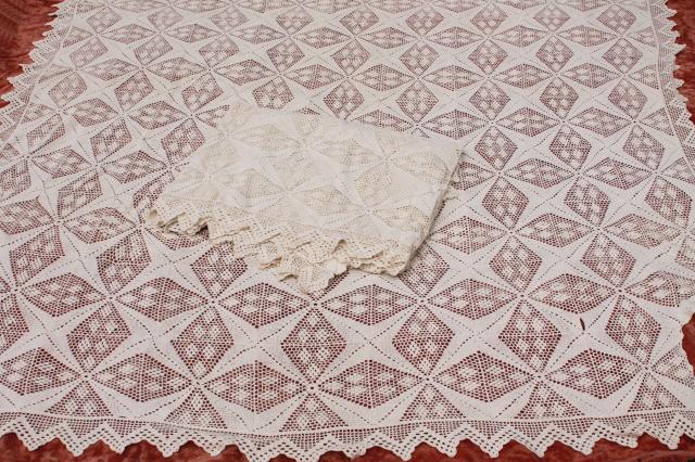 photo of pair vintage cotton lace crochet bedspreads, farmhouse style shabby cottage chic #1