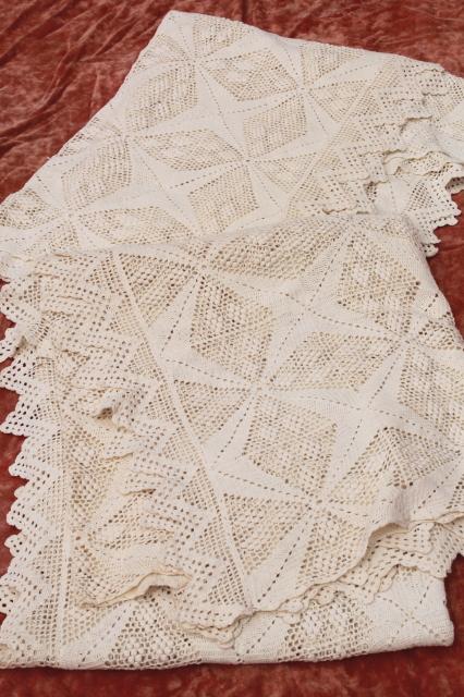 photo of pair vintage cotton lace crochet bedspreads, farmhouse style shabby cottage chic #4