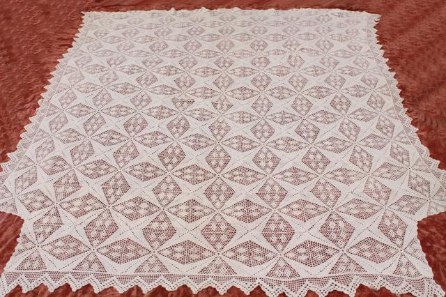 photo of pair vintage cotton lace crochet bedspreads, farmhouse style shabby cottage chic #5