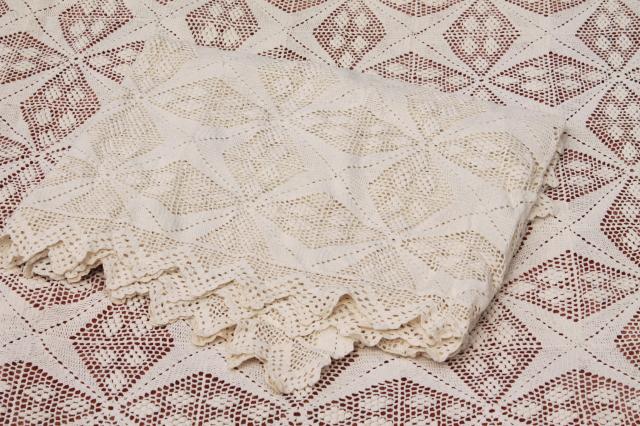 photo of pair vintage cotton lace crochet bedspreads, farmhouse style shabby cottage chic #11