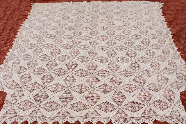 photo of pair vintage cotton lace crochet bedspreads, farmhouse style shabby cottage chic #12