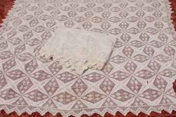 catalog photo of pair vintage cotton lace crochet bedspreads, farmhouse style shabby cottage chic