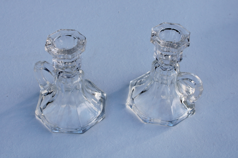 photo of pair vintage crystal clear glass candlesticks, finger ring chamber candle holders #1