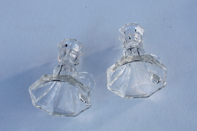 photo of pair vintage crystal clear glass candlesticks, finger ring chamber candle holders #3