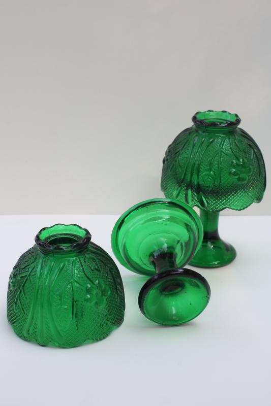 photo of pair vintage emerald green glass candle lamps, pressed glass shade candlesticks #2
