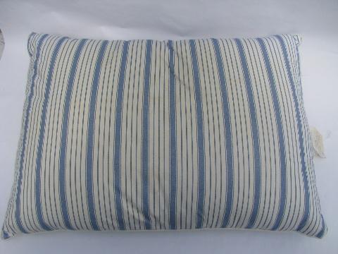 photo of pair vintage feather pillows, blue striped cotton covers #2