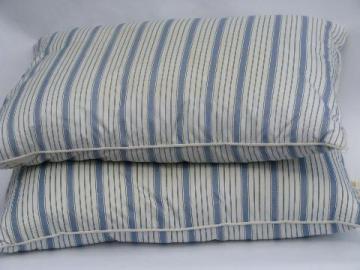 catalog photo of pair vintage feather pillows, blue striped cotton covers