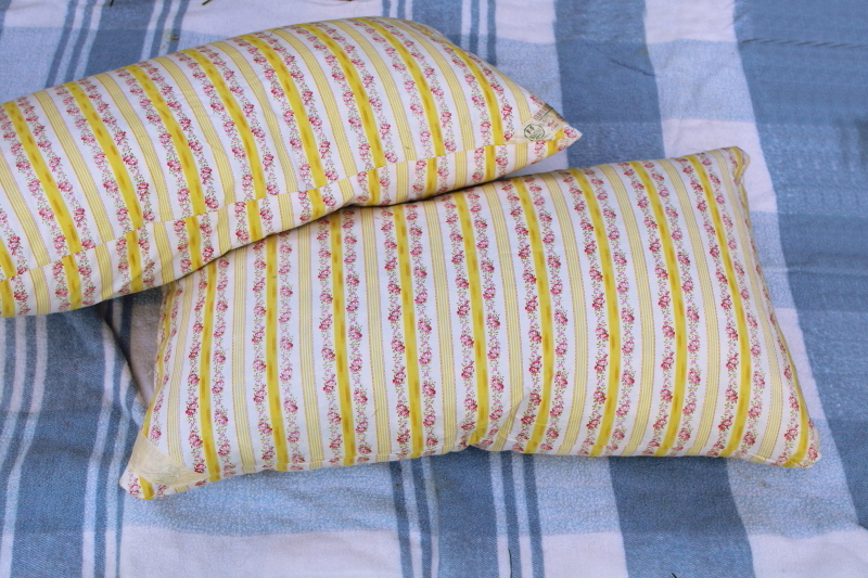 photo of pair vintage feather pillows, cottage chic floral striped cotton ticking fabric #1