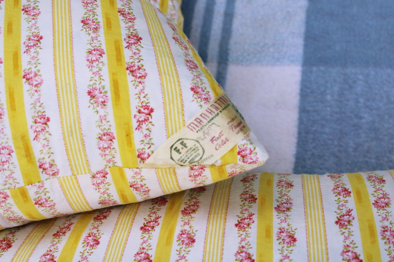 photo of pair vintage feather pillows, cottage chic floral striped cotton ticking fabric #2