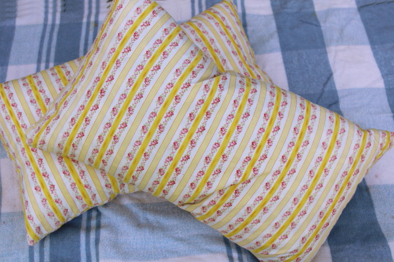 photo of pair vintage feather pillows, cottage chic floral striped cotton ticking fabric #3