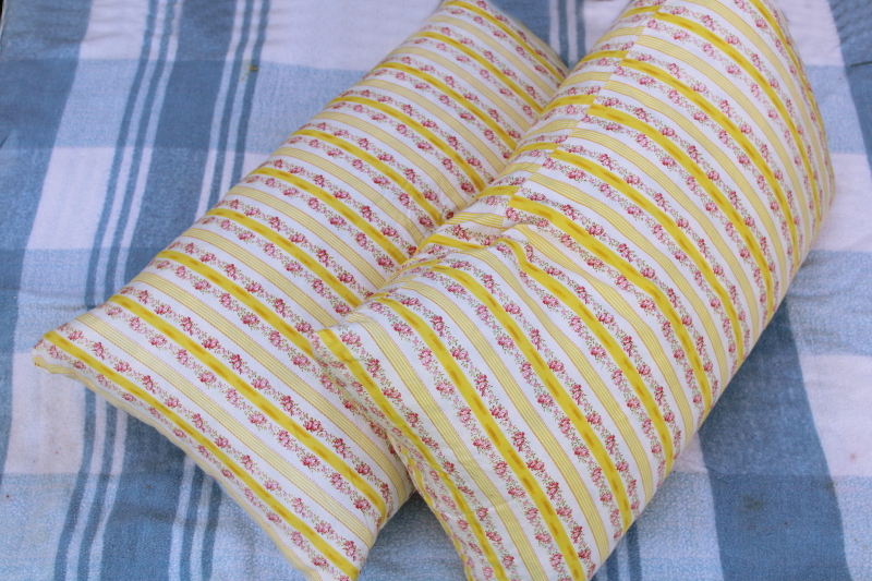 photo of pair vintage feather pillows, cottage chic floral striped cotton ticking fabric #5