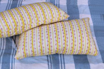 catalog photo of pair vintage feather pillows, cottage chic floral striped cotton ticking fabric