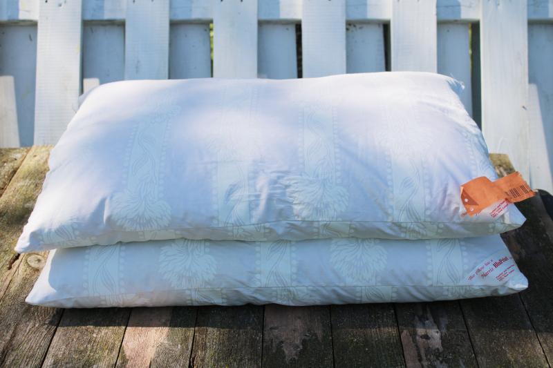 photo of pair vintage feather pillows in Harris cotton ticking fabric, all white farmhouse style #1