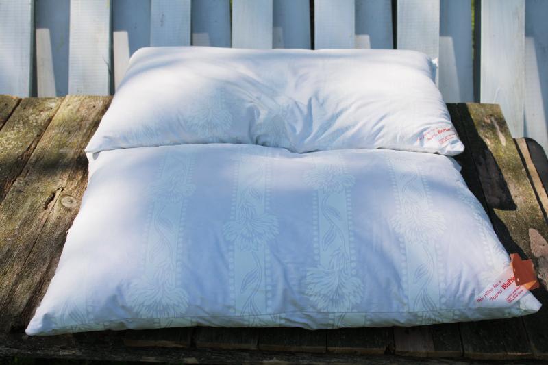 photo of pair vintage feather pillows in Harris cotton ticking fabric, all white farmhouse style #4