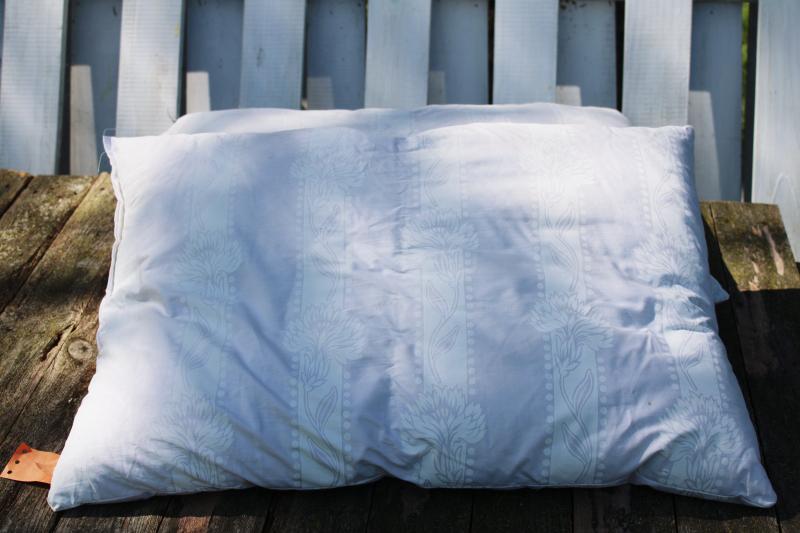 photo of pair vintage feather pillows in Harris cotton ticking fabric, all white farmhouse style #5