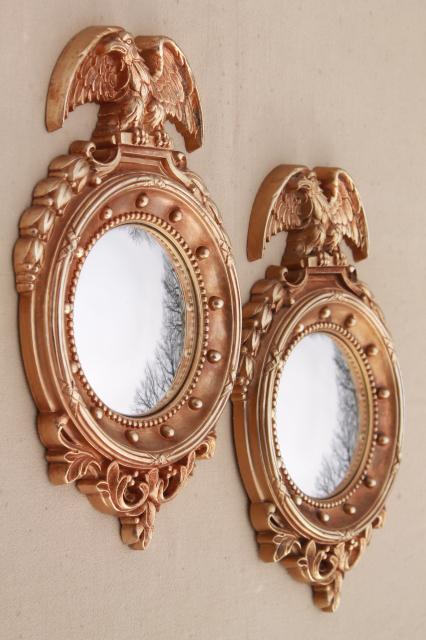 photo of pair vintage fish eye convex bubble dome glass mirrors in classic gold federal eagle frames #1