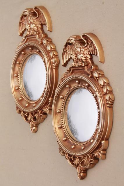 photo of pair vintage fish eye convex bubble dome glass mirrors in classic gold federal eagle frames #5