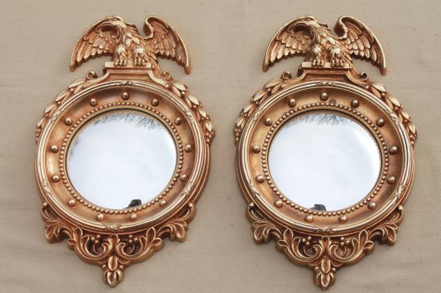 photo of pair vintage fish eye convex bubble dome glass mirrors in classic gold federal eagle frames #6