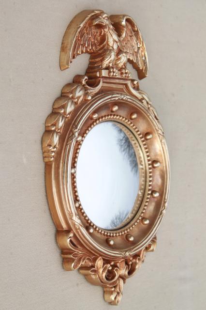 photo of pair vintage fish eye convex bubble dome glass mirrors in classic gold federal eagle frames #8