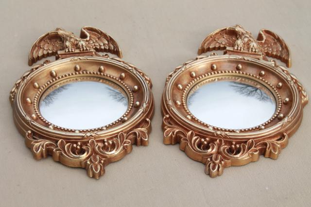 photo of pair vintage fish eye convex bubble dome glass mirrors in classic gold federal eagle frames #9