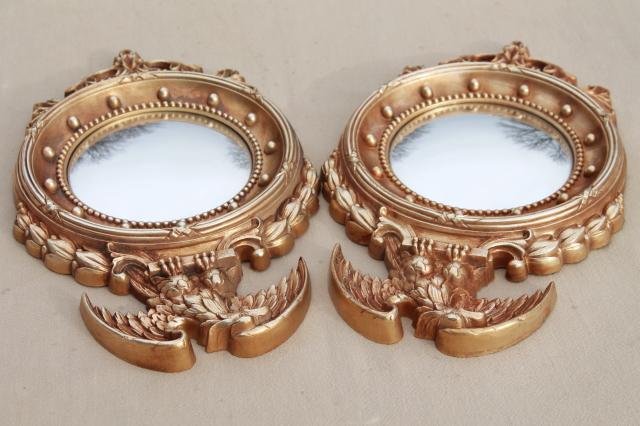 photo of pair vintage fish eye convex bubble dome glass mirrors in classic gold federal eagle frames #10
