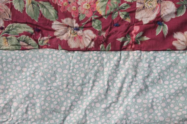 photo of pair vintage floral print whole cloth quilts, soft puffy wool filled cotton comforters #5